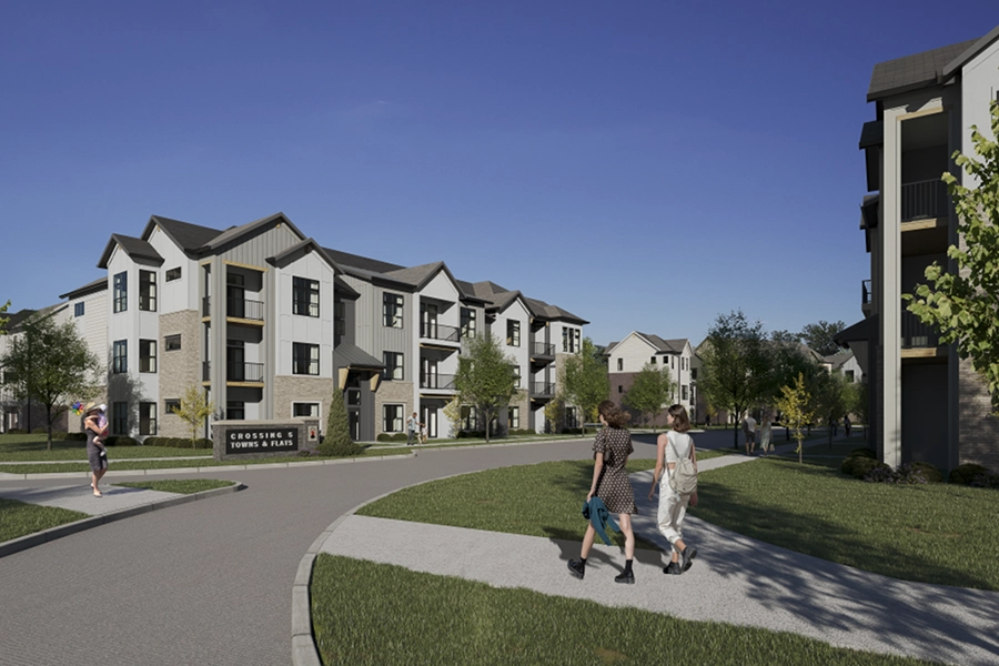 Not all Westfield apartment communities offer coach homes like Crossing 5 does. Two women walking through an apartment community